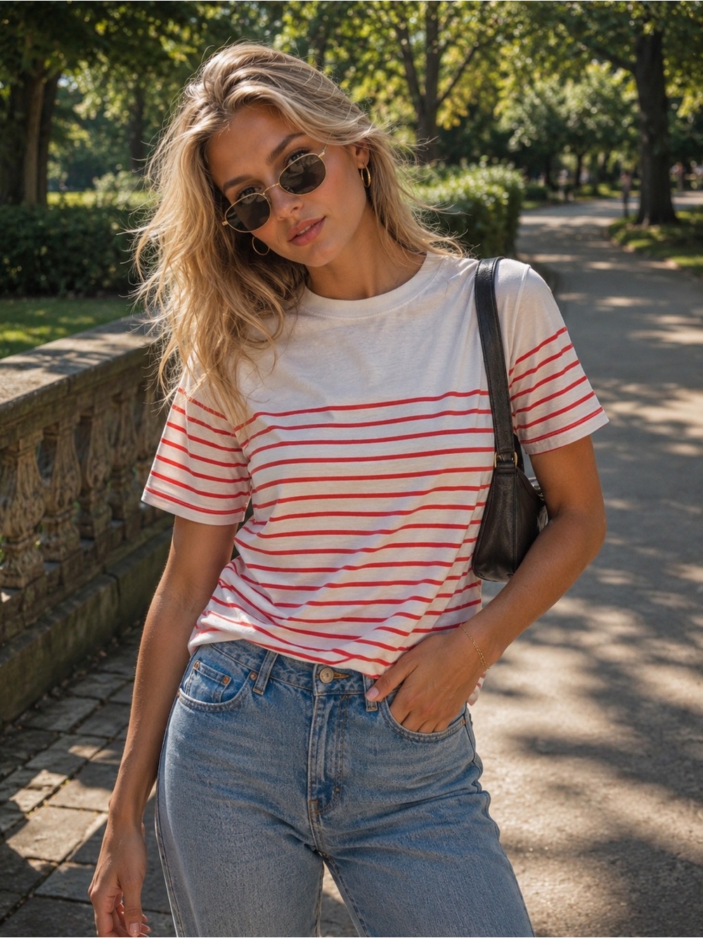 Zara Women's Cream & Red Striped Crewneck Tee
